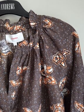 Silk Cotton Floral Marigold Brown Ruffle Blouse Puff Sleeve XiRENA NWT M